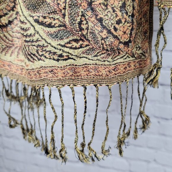 Pashmina Tan Multicolor Silk Paisley Floral Fringe Rectangle Scarf Wrap 70x27" - Picture 5 of 8